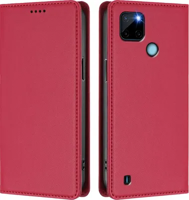 Image de Étui en cuir pour Realme C21Y, étui à rabat magnétique en cuirPolyuréthaneavec support, rouge