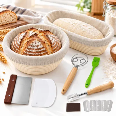 Image de Set de 15 Pièces Paniers à Pain en Rotin, 23 cm Rond & 25 cm Ovale, Kit de Boulangerie avec Doublures en Lin & Accessoires pour Pain au Levain