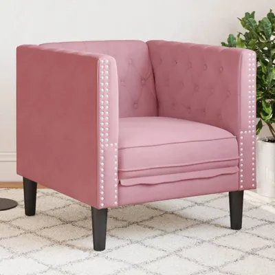 Obrázok produktu pre Rosačková kreslo Chesterfield potiahnuté zamatom, s polstrovaným sedákom a robustnými drevenými nohami, rozmer 71x74,5x70,5 cm, vhodné do obývačky, ako kreslo alebo moderná sedačka