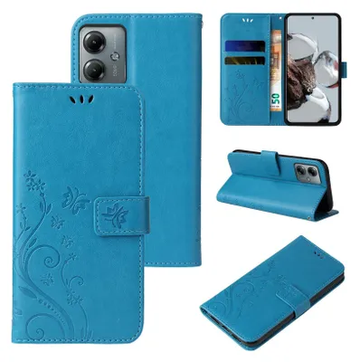 A collage of images showing a blue flip phone case with a floral and butterfly design from multiple angles.