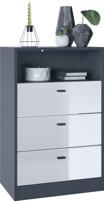 Produktbild von Vladon Kommode Pino V2,  Germany, Anrichte mit 3 Schubladen & 1 offenem Fach, Anthrazit matt/Weiß Hochglanz ohne LED (56 x 86,5 x 36 cm)