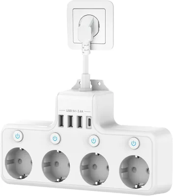 Imagen del producto de Regleta con USB - Enchufe múltiple de 4 tomas con interruptor - Individual - Adaptador de enchufes - Para montaje en pared