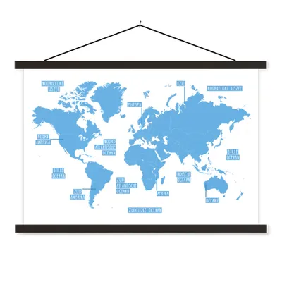 Obrázok produktu pre MuchoWow® Textilný plagát - Mapa sveta - Modrá - Jednoduchá - 90x60cm - S čiernymi lamelami