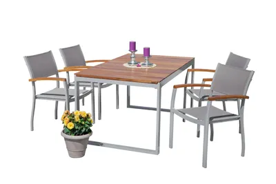 Produktbild von Merxx Gartenmöbel Set Naxos 5tlg., 4 Stapelsessel, Ausziehtisch 150 (200) x 90 cm - Aluminium/Textil/Akazie