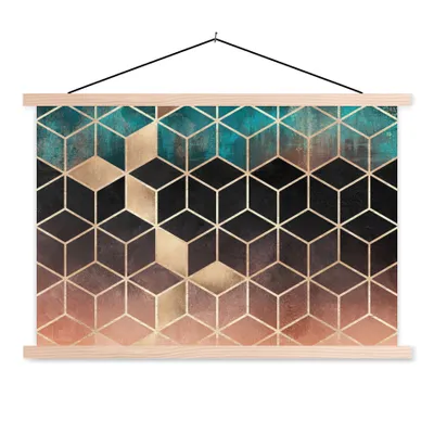 Produktbild von MuchoWow® Textilposter Abstrakt - Würfel - Gold - Muster - Luxus 120x80 cm mit holzfarbenen Rahmen - Aufhängeset