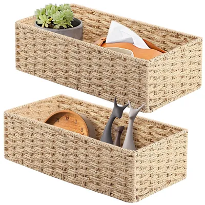 Image de Omgoods - Lot de 2 paniers de rangement - Paniers en osier - Paniers décoratifs pour étagères - 38 x 17,8 x 10,2 cm - Cordage en papier naturel - Pour salle de bain/chambre - Boîtes de rangement