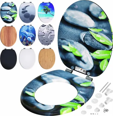 A collage of toilet seats with various designs, including nature scenes and solid colors, along with some mounting hardware.