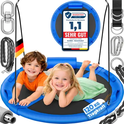 Produktbild von ELONEO Nestschaukel Outdoor & Indoor 90/120 cm Tellerschaukel höhenverstellbar inkl. Kissen, Griffen & Zubehör-Set, Blau - 90cm