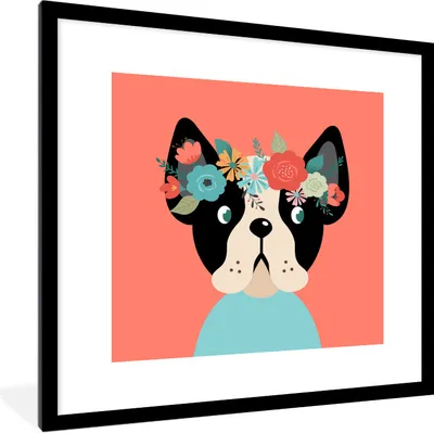 Produktbild von MuchoWow® Gerahmtes Poster Hund - Blumen - Rosa 40x40 cm - Poster mit Schwarzem Bilderrahmen Wandposter Rahmen Foto Bilder - Poster - Plakat im Rahmen
