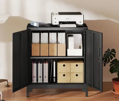 Produktbild von Büroschrank aus Metall, Aktenschrank verschließbare Türen, Bürokommode, 2-stufiges Design