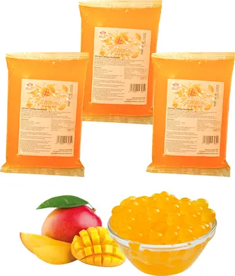 Produktbild von Bubble Tea Popping Boba Mix - 3 x 600g Mango Boba Fruchtperlen - Glutenfrei Boba Perlen - Aktion: 1 Gratis 600g Packung
