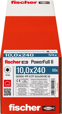 Produktbild von fischer Vollgewindeschraube PowerFull II CTF 10,0 x 240 BC 50 Senkkopf mit Innenstern TX Vollgewinde galvanisch verzinkt, blau passiviert, 50 Stück