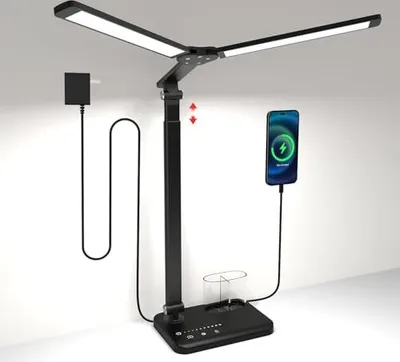 Produktbild von IVICT -LED -Schreibtischlampe, doppeltkopfverstellbare Höhe dimmbare Nachtlampe USB -Ladeanschluss, 5 Lichtmodi, Lampen Kinder, Berührungssteuerung, H