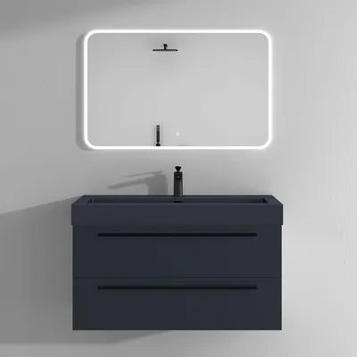 Produktbild von Mai & Mai Badmöbelset Komplett Set Waschbeckenunterschrank 100cm Unterschrank in matt Anthrazit mit Waschschbecken und LED-Badspiegel Quadratto