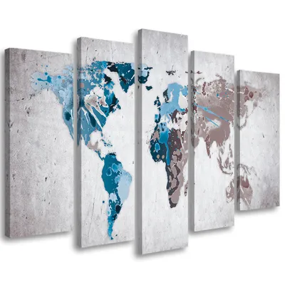 Produktbild von 5-teiliges leinwandbild weltkarte türkis 100x70 cm Feeby farbe wandbild bereit zum aufhängen