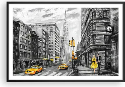Produktbild von Gerahmtes Poster - Schwarzer Rahmen - Stadt Taxi Wolkenkratzer Illustration - 91,5x61 cm - Wand Bild - Wanddeko - Wandbilder - Wandposter - Bilderrahmen - Bilder - Kunstdruck - P2BAA91x61-3148