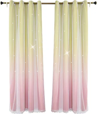 Produktbild von Rainbow Star Vorhänge für Mädchen Schlafzimmer, Doppelschicht Bunte Streifen Kinder Verdunkelungsvorhänge sowie weiße transparente Wohnzimmer Fenstervorhänge (Gelb & Rot, B52 x L84 Zoll)