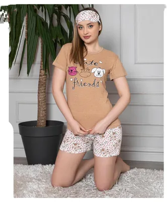 Produktbild von Damen Pyjama Schlafanzug Hellbraun S Shorty Kurz Baumwolle 2 Teiler L-57