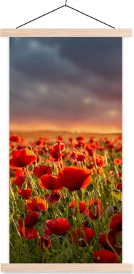 Produktbild von MuchoWow® Textilposter Sonnenuntergang über einem Feld von Mohnblumen 60x120 cm mit holzfarbenen Rahmen - Holz