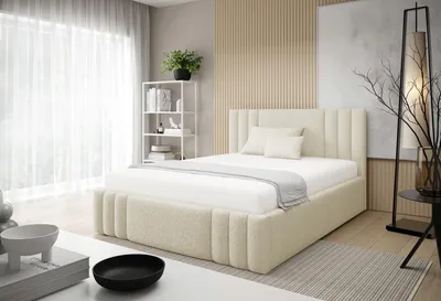 Image de Lit rembourré RIVIO avec coffre de rangement | Lit 160 x 200 | Lit double avec espace de rangement et sommier à lattes | Style lit à ressorts | Sans matelas | Chambre à coucher - Crème