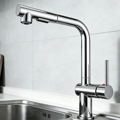 Produktbild von AICA Messingkern Wasserhahn Küche L-förmig Ausziehbar 2 Strahlarten Hochbogen Küchenarmatur Chrom