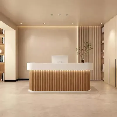 Produktbild von Reception Desk, Bar Counter, Rounded Corner Design, Vertical Stripe Pattern, Salon, Hotel, Store Front Desk Braun 100×60×100cm 【Baise+yuanmuse100】