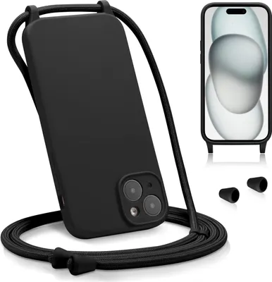 Immagine prodotto di Custodia per iPhone 15 Plus cover con cinturino custodia per cellulare protezione fotocamera a catena, nero