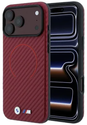 Immagine prodotto di Custodia in fibra di carbonio per iPhone 17 Pro e 18 Pro, colore rosso, con logo MagSafe in metallo