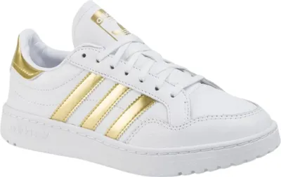 A white Adidas Team Court shoe with gold accents.