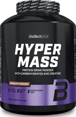 A black plastic container of protein powder with purple and white labeling.