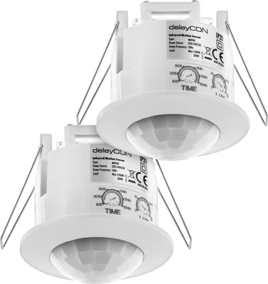 Produktbild von deleyCON 2x Infrarot Bewegungsmelder Unterputz Deckenmontage Innenbereich Lichtsteuerung 360° Arbeitsfeld 6m Reichweite eingebauter Lichtsensor