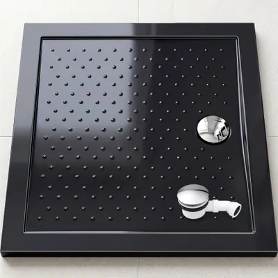 Produktbild von doporro Duschtasse Duschwanne 75x80x4 flach inkl. Ablaufgarnitur Schwarz aus Acryl mit Anti-Rutsch Profil und DIN-Anschlüssen auch für bodenebene Montage geeignet Lucia02