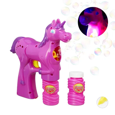 Produktbild von 10 x Einhorn Seifenblasenpistole, LED, batteriebetrieben, inkl. 20x Seifenblasen Flüssigkeit, Kinder & Erwachsene, pink