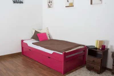Produktbild von Rosa Bett für Kinderzimmer / Jugendzimmer "Easy Premium Line" K1/1h, mit 2. Liegeplatz und 2 Abdeckblenden, Matratzenmaße 90 x 200 cm, massive Buche