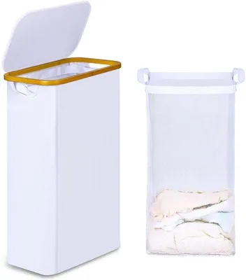 Productafbeelding van Wasmand met deksel - smal en opvouwbaar - 60 liter - wit - bamboe