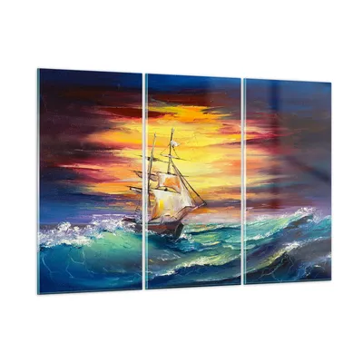 Produktbild von Bilder auf glas - Meer Welle Boot - 105x70cm - Glasbilder - Wandbilder - Kunstdruck - zum Aufhängen bereit - Wanddekoration aus Glas - Glas Bilder - Wandbild auf Glas - 3 Teile - GCE105x70-3460