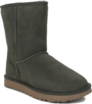 A single gray boot with a brown sole is shown against a white background.