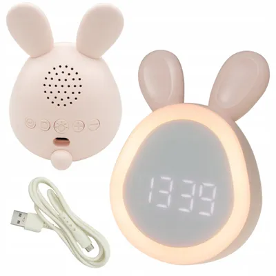 Obrázek produktu pro Noční lampička s budíkem, růžový králíček s oušky, podsvícená, kabel USB