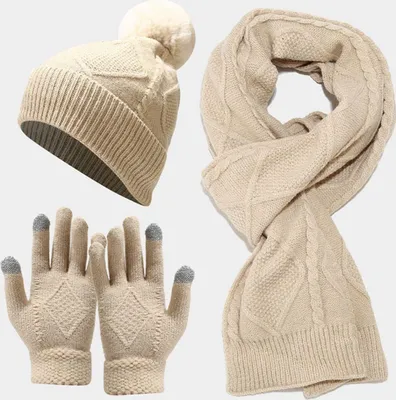 Produktbild von Damen Mütze Schal Touchscreen-Handschuhe Set, Warme Winterset Gestrickt Beanie Schnee Hut Strickschal