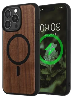 Produktbild von kwmobile Hülle für Apple iPhone 15 Pro Max Handyhülle - Cover aus Holz und TPU - Kompatibel mit MagSafe - Case in Dunkelbraun Schwarz Holz