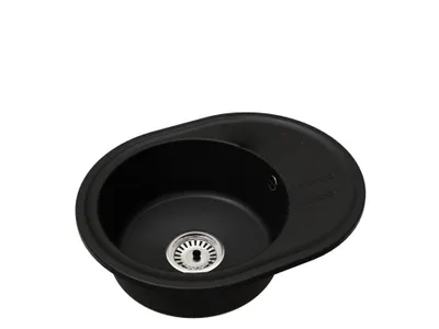 Produktbild von Granitspüle Einbecken Oval BELLA – Schwarz mit Einbeckensiphon Chrom