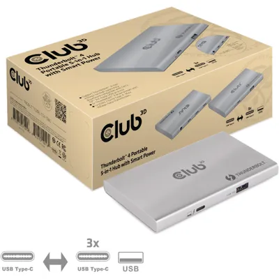 Produktbild von CLUB3D Certified Thunderbolt™4 Tragbarer 5-in-1-Hub mit Smart Power, Andocken, Thunderbolt 4, Silber, OS Support: Windows10™ or above version supported Thunderbolt™ 4 host MacOS™ 11 or above..., Gleichstrom, 10 W
