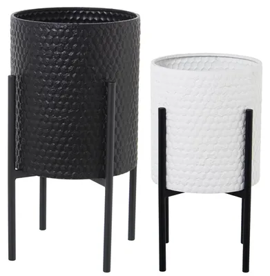 Produktbild von DRW Set mit 2 runden Pflanzgefäßen aus Metall mit Füßen in Schwarz und Weiß, 31 x 31 x 59 cm