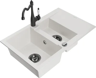 Produktbild von Mexen Gaspar 1,5-Becken-Granitspüle mit Abtropffläche und Mischbatterie Carla, Weiß - 6507-20-670700-70