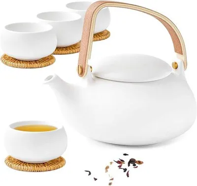Obrázek produktu pro Porcelánová konvice na sypaný čaj, čajové sáčky s květinami, bylinkový čaj, bílo-šedá.