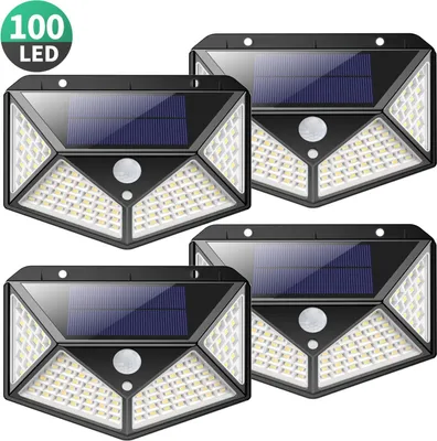 Produktbild von 4 Stücke Solarleuchte für Außen 100 LED Solarlampen Außen mit Bewegungsmelder Superhelle Solarlicht 270°Solar Beleuchtung Wasserdichte 3 Modi für Garten