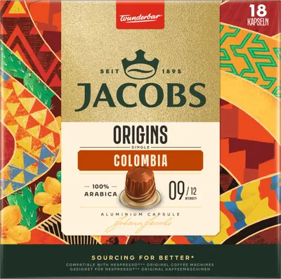 The image shows the front packaging of Jacobs Origins coffee capsules, specifically the Colombia variant.