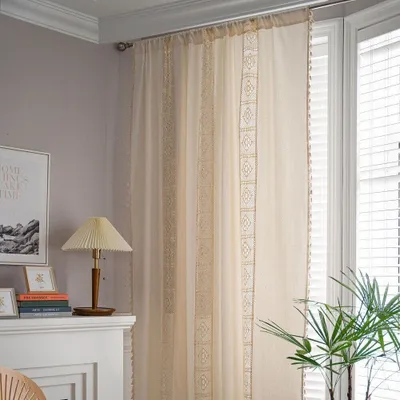 Produktbild von Vorhänge Boho Gardinen Baumwolle Leinen Line Hollow Blickdichte Beige 150*260cm (Durch den Poltyp)