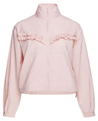 Produktbild von Damen Jacke rosa Größe M mit Stehkragen, lockerer Passform und Rüschenakzenten
