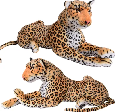 Two plush toy leopards lying down against a white background.